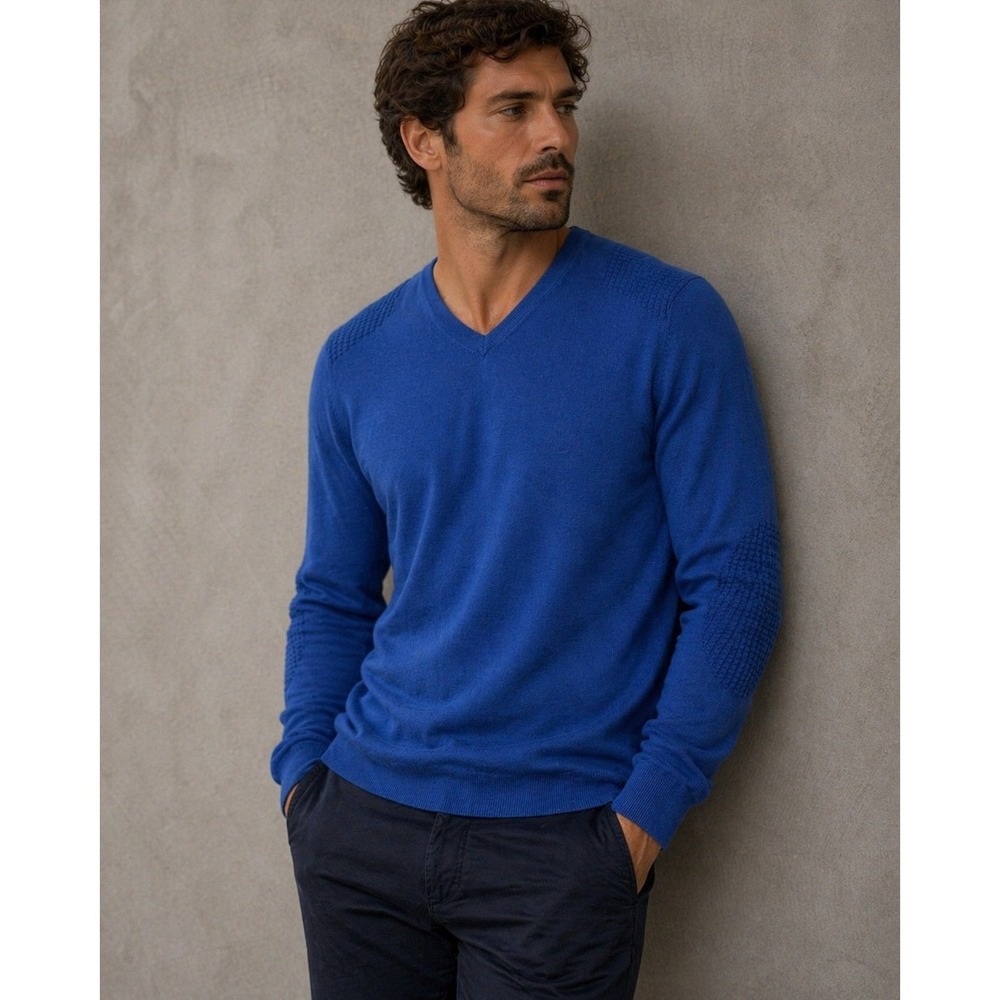 Ted Baker Sweater Mens Large Blue Wool Blend V Neck Ribbed Textured